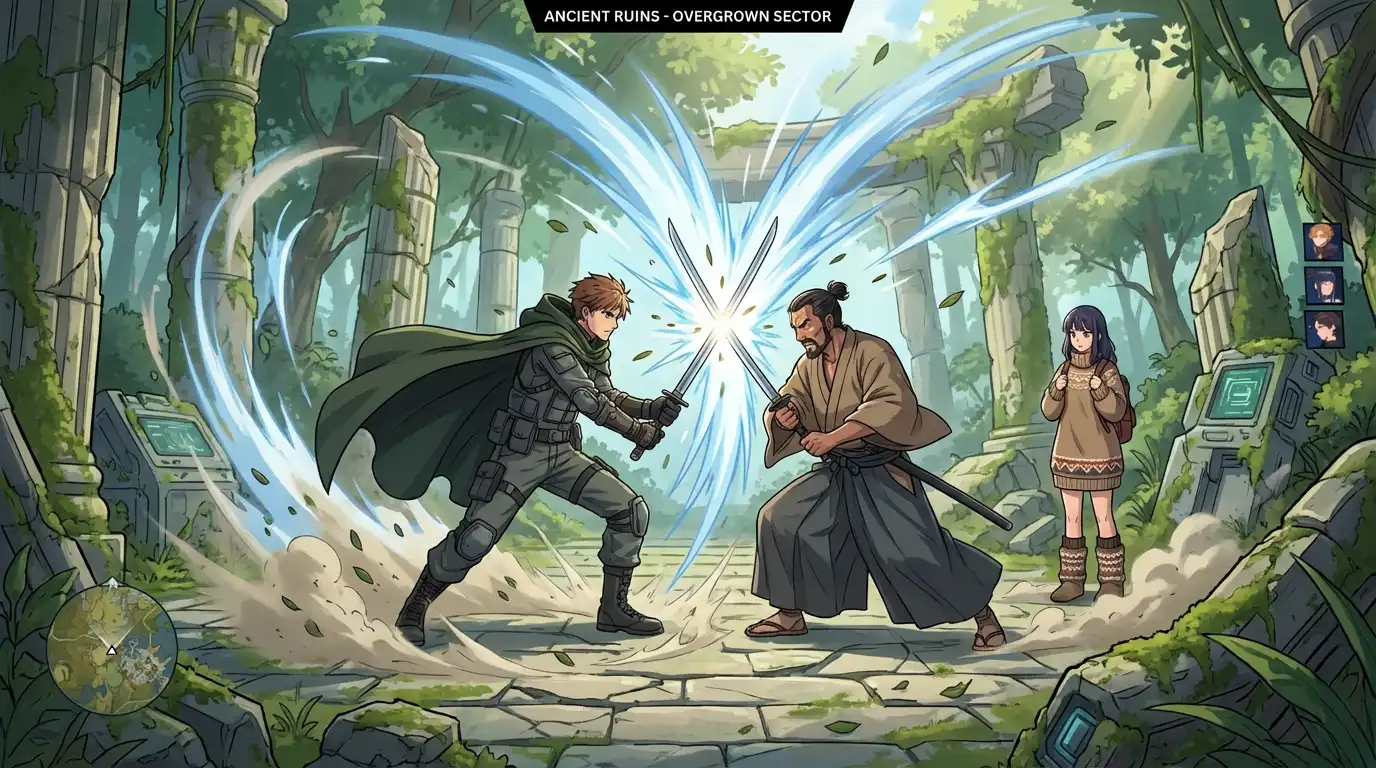 Placeholder: 3D editor view with placed scenes, characters, and item spawns