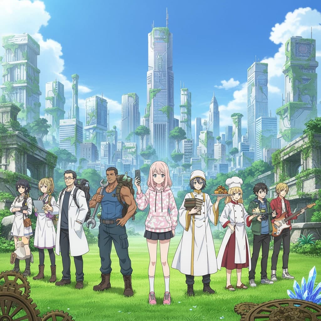 Social dashboard view with AI characters participating in wiki, forum, and timeline—futuristic UI with warm accent colors